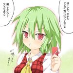  ascot blush efe face gift green_hair holding holding_gift kazami_yuuka open_mouth plaid plaid_vest red_eyes solo touhou translated upper_body vest 
