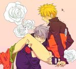  blonde_hair blush flower grey_hair hatake_kakashi i_(kaiyou) kiss kissing lowres naruto scar source_request uzumaki_naruto yaoi 