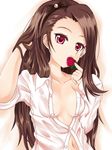  bad_id bad_pixiv_id brown_hair flat_chest food fruit idolmaster idolmaster_(classic) idolmaster_2 kagami_yuu lips long_hair minase_iori open_clothes open_shirt red_eyes shirt solo strawberry 