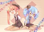  =_= aihara_kaori blue_eyes blue_hair blush bow chain collared_shirt crying cuffs glasses handcuffs hat highres himitsu_keisatsu_(vocaloid) loose_necktie momobako multiple_girls necktie orange_hair original police police_hat police_uniform red_eyes rojiko semi-rimless_eyewear shirt side_slit standing thighhighs twintails under-rim_eyewear uniform vest vocaloid wallpaper x 