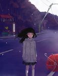  black_hair broken highres kuchibiru_(lipblue) long_hair multiple_girls original petals power_lines raincoat road spring_(season) storm torii umbrella wind 