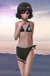  arm_behind_back beach bikini black_hair flat_chest hair_ornament hairclip highres male_focus navel otoko_no_ko purple_eyes sarong short_hair siraha skull_hair_ornament solo steins;gate swimsuit urushibara_ruka 