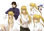  1boy 1girl adjusting_hair bad_id bad_pixiv_id blonde_hair breasts chibi chibi_inset cleavage cross cross_necklace earrings fate/stay_night fate/zero fate_(series) fur_collar genderswap gilgamesh hairdressing hand_on_hip izru jewelry kotomine_kirei lancer large_breasts long_hair naked_sheet necklace pants ponytail red_eyes sweater 