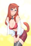  amelita_trompette animal_ears blush bra breasts brown_hair cleavage dog_days dog_ears dog_tail embarrassed glasses grey_legwear highres large_breasts lingerie long_hair open_clothes open_shirt pantyhose pantyhose_pull purple_eyes shirt skirt solo tail ueyama_michirou underwear 