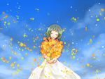  asahi_nora bad_id bad_pixiv_id bouquet closed_eyes dress flower green_hair gumi highres smile solo vocaloid 