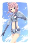  bad_id bad_pixiv_id blue_eyes blue_sky blush cloud day fuuro_(pokemon) gloves hair_ornament holding holding_poke_ball midriff navel open_mouth pink_hair poke_ball pokemon pokemon_(game) pokemon_bw red_hair samegami short_hair shorts sky solo 