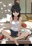  animal barefoot black_hair blue_eyes cat fan feet indian_style long_hair original paper_fan pet porch reitana rubik's_cube shorts sitting solo uchiwa veranda 