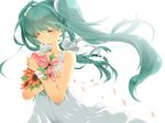  aqua_hair bad_id bad_pixiv_id blush closed_eyes daisy flower hatsune_miku jewelry long_hair paranato petals ring simple_background solo twintails very_long_hair vocaloid wrist_cuffs 