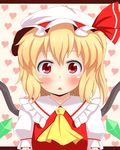  :&lt; absurdres ascot blonde_hair blush flandre_scarlet hat heart highres red_eyes ryousangata short_hair side_ponytail solo touhou upper_body wings 