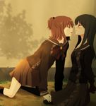  all_fours bdsm black_hair black_legwear blush bondage bound bound_arms brown_eyes brown_hair french_kiss hand_on_lap kiss long_hair multiple_girls original pantyhose ponytail profile saliva saliva_trail school_uniform short_hair sui_(camellia) sunset tongue yuri 