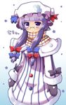  bespectacled glasses hat highres long_hair mittens mukyuu patchouli_knowledge purple_eyes purple_hair scarf snow_(gi66gotyo) solo touhou translated 