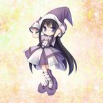  akemi_homura black_hair boots color_connection cosplay dress gloves hairband hand_on_headwear hat heart long_hair mahou_shoujo_madoka_magica ojamajo_doremi parody purple_eyes purple_skirt segawa_onpu segawa_onpu_(cosplay) silver15 skirt solo yellow_background 