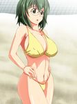  bikini breasts covered_nipples glasses green_eyes green_hair huge_breasts infinite_stratos shiny shiny_skin short_hair solo swimsuit tsubooi yamada_maya_(infinite_stratos) 