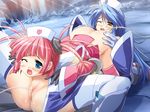  2girls ass ass_grab blue_eyes blue_hair blush brown_eyes censored character_request game_cg long_hair multiple_girls open_mouth pink_hair pussy short_hair tear tears tentacle wink 