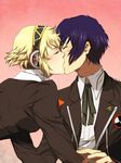  1girl aegis_(persona) android blonde_hair blue_hair blush bow closed_eyes couple hatoko-sama hetero highres kiss persona persona_3 ribbon school_uniform short_hair yuuki_makoto 