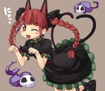  ;d animal_ears blush braid cat_ears cat_tail chacha_(tyatya) dress extra_ears fang heart heart_tail kaenbyou_rin long_hair looking_at_viewer multiple_tails nyan one_eye_closed open_mouth paw_pose red_eyes red_hair simple_background skull smile solo tail touhou twin_braids twintails 