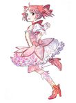  :d bubble_skirt choker dress girly_running gloves high_heels highres kaname_madoka magical_girl mahou_shoujo_madoka_magica makiko open_mouth pink_dress pink_eyes pink_hair puffy_short_sleeves puffy_sleeves red_choker running short_sleeves short_twintails simple_background skirt smile solo twintails white_background 