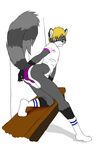  accelo bent_over blonde_hair brown_eyes crossdressing cute hair hindpaw looking_at_viewer male panties presenting raccoon raised_tail socks solo tail underwear 