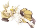  bad_id bad_pixiv_id beret blonde_hair drill_hair floating hat lying mahou_shoujo_madoka_magica maruki_(punchiki) on_back puffy_sleeves solo thighhighs tomoe_mami twintails yellow_eyes 