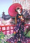  absurdres black_hair brown_eyes floral_print flower highres japanese_clothes nardack nihongami oriental_umbrella original parasol solo tabi umbrella 