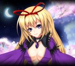  blonde_hair breasts cleavage crescent_moon koumajou_densetsu koumajou_densetsu_2 medium_breasts moon nekotama_shun night petals purple_eyes smile solo touhou yakumo_yukari 