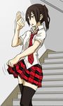  black_legwear brown_eyes brown_hair collared_shirt dress_shirt fanning_face hot joy_(joy-max) necktie original plaid plaid_skirt pleated_skirt school_uniform shirt short_twintails skirt skirt_lift solo sweat thighhighs tongue twintails white_shirt zettai_ryouiki 