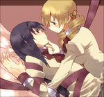  akemi_homura black_hair blonde_hair breasts chin_grab drill_hair eye_contact flat_chest hair_ornament imminent_kiss kutsuwada_on long_hair looking_at_another mahou_shoujo_madoka_magica medium_breasts mitakihara_school_uniform multiple_girls plaid plaid_skirt purple_eyes ribbon school_uniform skirt tomoe_mami yellow_eyes yuri 