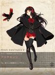  bird black_hair black_legwear cloak greaves headphones long_hair pixiv_fantasia pixiv_fantasia_5 red_eyes skirt solo thighhighs tsukii 