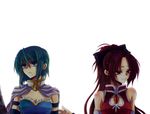  bare_shoulders blue_eyes cape face green_hair hiyori7 long_hair mahou_shoujo_madoka_magica md5_mismatch miki_sayaka multiple_girls red_eyes red_hair sakura_kyouko short_hair tears upper_body 