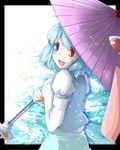  bad_id bad_pixiv_id blue_eyes blue_hair heterochromia highres looking_back open_mouth oriental_umbrella purple_umbrella red_eyes short_hair solo tatara_kogasa tongue toor_0111 touhou umbrella 