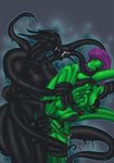  anthro balls black_penis breasts canine claws cum cum_inside dickgirl duo erection green green_body hair herm intersex knot mammal nipples penis purple_eyes purple_hair reptile rokemi scalie shapeshifter tail teeth tentacles tongue 