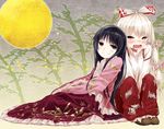  2girls black_hair blush commentary_request crying crying_with_eyes_open fujiwara_no_mokou full_moon houraisan_kaguya leaning long_hair mizu_asato moon multiple_girls open_mouth pants saliva sitting smile smug tears touhou white_hair 