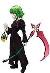  black_coat_(kingdom_hearts) cloak cosplay flower green_hair highres kazami_yuuka kingdom_hearts marluxia marluxia_(cosplay) organization_xiii power_connection red_eyes scythe simple_background solo suisuisuicaacaa touhou trait_connection white_background 