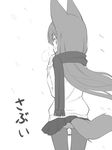  animal_ears bad_id bad_pixiv_id blush breath fox_ears fox_tail from_behind greyscale jingai_modoki long_hair mittens monochrome original panties panties_under_pantyhose pantyhose pantyshot pleated_skirt scarf skirt snow solo sweater tail underwear 