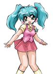  90s ahoge aqua_eyes aqua_hair bad_id bad_pixiv_id bare_arms blush earrings happy jewelry looking_at_viewer mahou_no_angel_sweet_mint mint_(sweet_mint) necklace okuri_ookami open_mouth pink_vest red_skirt shirt short_hair simple_background skirt socks solo star star_earrings twintails vest watch white_background 