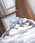  bed bed_sheet bedsheets eyepatch female indoors infinite_stratos laura_bodewig pillow red_eyes silver_hair solo 