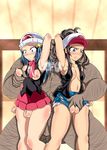  2girls age_difference armpits arms_up bad_anatomy black_hair breasts censored clitoris dawn fat fat_man fat_mons hairy hat highres hikari_(pokemon) kiryuu_kazumasa_(bitch_bokujou) legs multiple_girls odor pokemon pokemon_(game) pokemon_black_and_white pokemon_bw ponytail pussy smell smelling sniffing standing steam testicles thighs touko_(pokemon) white white_(pokemon) 