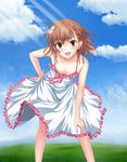  blush breasts brown_eyes brown_hair cloud day downblouse dress fang flower hair_flower hair_ornament highres kamiko_to_seiryoku light_rays misaka_mikoto open_mouth short_hair skirt sky small_breasts solo sunbeam sundress sunlight to_aru_kagaku_no_railgun to_aru_majutsu_no_index 