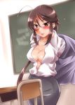  :p ahoge areolae blush breasts brown_eyes chair chalkboard cleavage commentary_request desk glasses huge_ahoge kazahana_chiruwo kodomo_no_jikan medium_breasts open_clothes open_shirt ponytail purple_hair school_desk shirai_sae shirt solo tongue tongue_out 