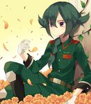  bad_id bad_pixiv_id braid flower gloves green_hair hair_over_shoulder inazuma_eleven inazuma_eleven_(series) long_hair male_focus military military_uniform mistorene_callus petals purple_eyes single_braid sitting solo tsukuyomi_03 uniform 