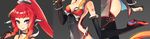  bad_id bad_pixiv_id blue_eyes boots breasts cleavage long_hair lulu_(siting_zeng) medium_breasts original pointy_ears red_hair reika_(clovia_studio) simple_background smile solo thigh_boots thighhighs vocaloid 