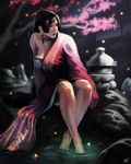  barefoot black_hair breasts cherry_blossoms cleavage copyright_request earrings flower japanese_clothes jewelry kimono lips long_hair medium_breasts night ponytail rejean_dubois signature sitting soaking_feet solo stone_lantern very_long_hair water 