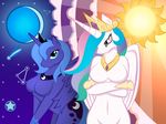  anthrofied big_breasts blue_eyes blue_hair breasts crown cutie_mark duo equine female friendship_is_magic hair horn horse jewelry looking_at_viewer mammal moon multi-colored_hair my_little_pony pegacorn pony princess princess_celestia_(mlp) princess_luna_(mlp) rainbow_hair red_eyes royalty sibling sisters standing star sun whitmaverick winged_unicorn wings 
