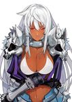  armor bikini_top breast_hold breasts cleavage collar dark_skin fur_trim gauntlets highres large_breasts long_hair navel original pupps red_eyes silver_hair skull solo spiked_knuckles spikes 