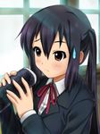  black_hair blush brown_eyes ehoumaki food k-on! long_hair makizushi nakano_azusa neck_ribbon red_ribbon ribbon ryunnu school_uniform setsubun sexually_suggestive solo sushi sweatdrop twintails 