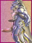  2007 achi&#039;iren background_pattern balls baseball_cap beard canine circumcised comparison dragon english_text erection gay glans hat knot male muscles nude penis scalie silver_fenrir size_comparison size_difference wings wolf 
