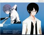  absurdres artbook blue_background expressionless highres long_sleeves looking_at_viewer mika_mikli necktie number senkou_no_ronde simple_background sogabe_shuuji takayama_mizuki upper_body white_neckwear 