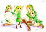  bird blonde_hair blue_eyes chicken cucco earrings hat highres jewelry link male_focus multiple_boys multiple_persona pointy_ears smile the_legend_of_zelda the_legend_of_zelda:_ocarina_of_time the_legend_of_zelda:_the_wind_waker the_legend_of_zelda:_twilight_princess toon_link traditional_media 