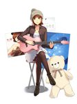  acoustic_guitar artist_request beanie brown_eyes brown_hair chair doll folding_chair guitar hat instrument iu_(singer) jacket pantyhose real_life ribbon solo stuffed_animal stuffed_toy teddy_bear thumbtack 