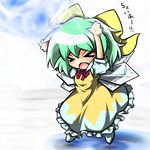  &gt;_&lt; alternate_color arms_up blush bow chibi cirno closed_eyes dress green_hair hair_bow open_mouth red_star_(toranecomet) solo touhou wings yellow_dress 